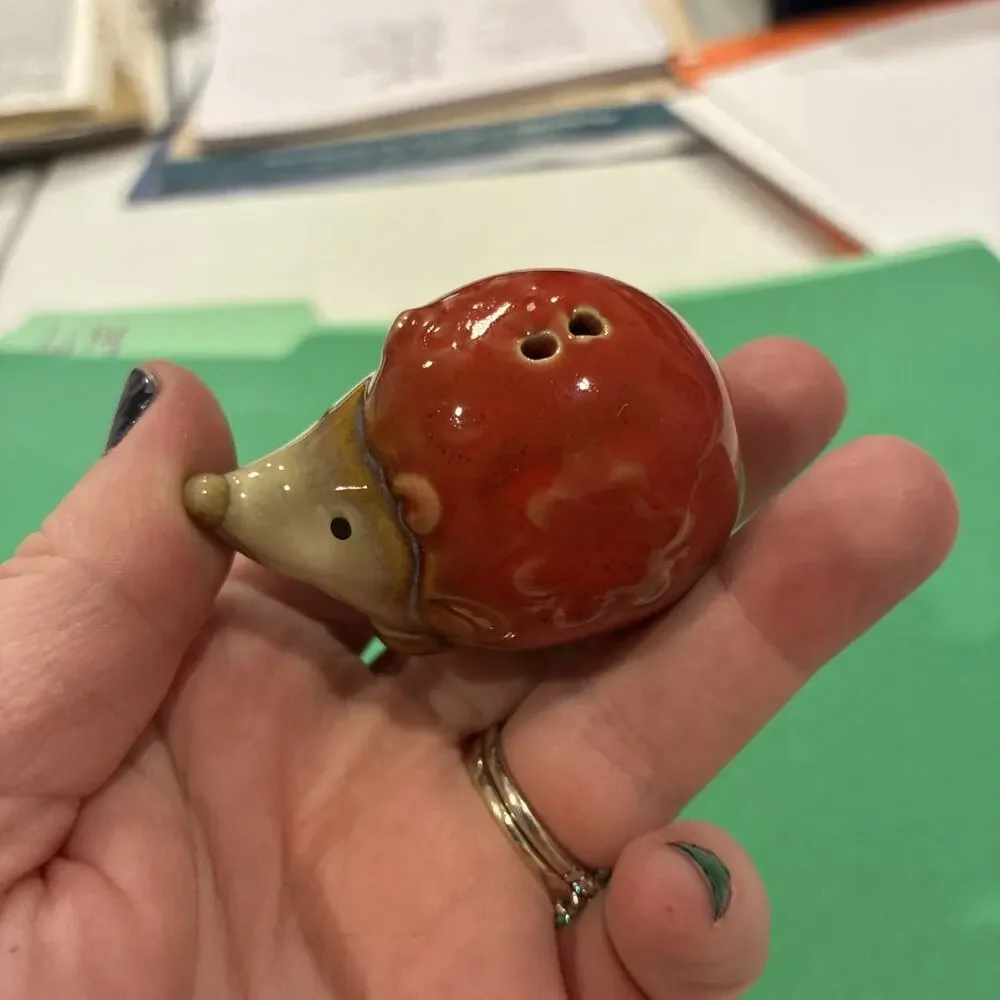 Vintage Hedgehog Salt Pepper Shakers Red Green Floral Swirl Mini 2